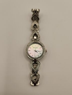 Bulova Silver Heart Link Crystal Women's Watch with Mother-of-Pearl Dial
